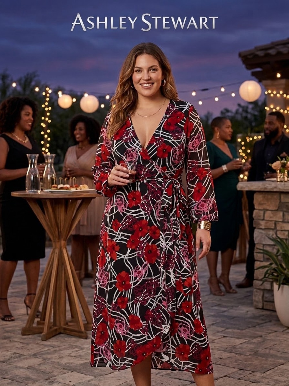 Ashley Stewart Red & Black Floral Midi Dress